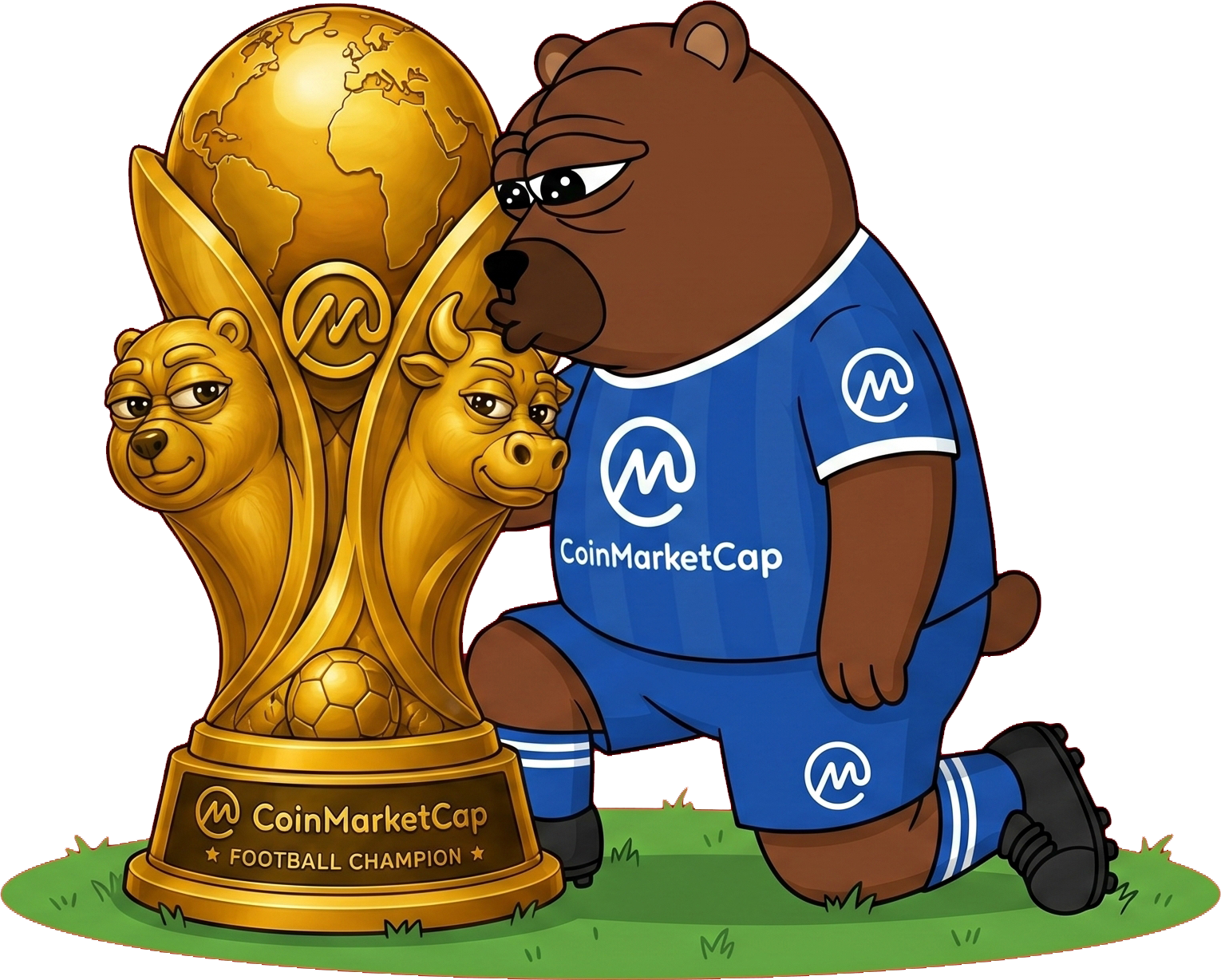 CoinMarketCup bear kneeling beside the football champion trophy
