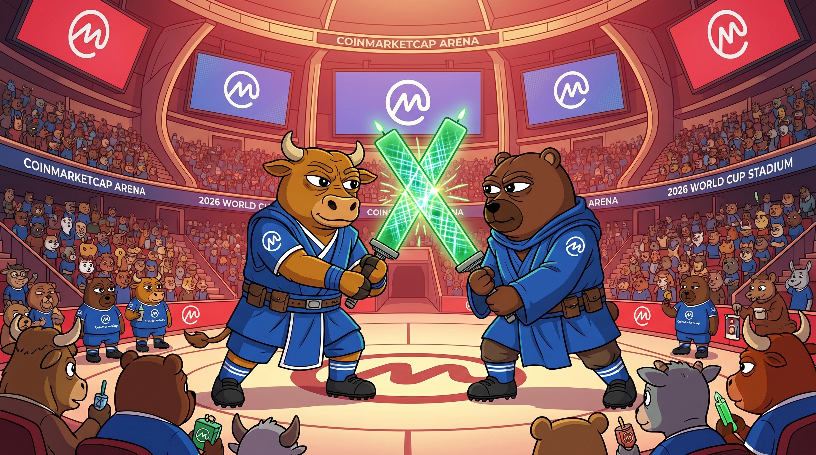 Bull vs bear lightsaber duel in CoinMarketCup arena